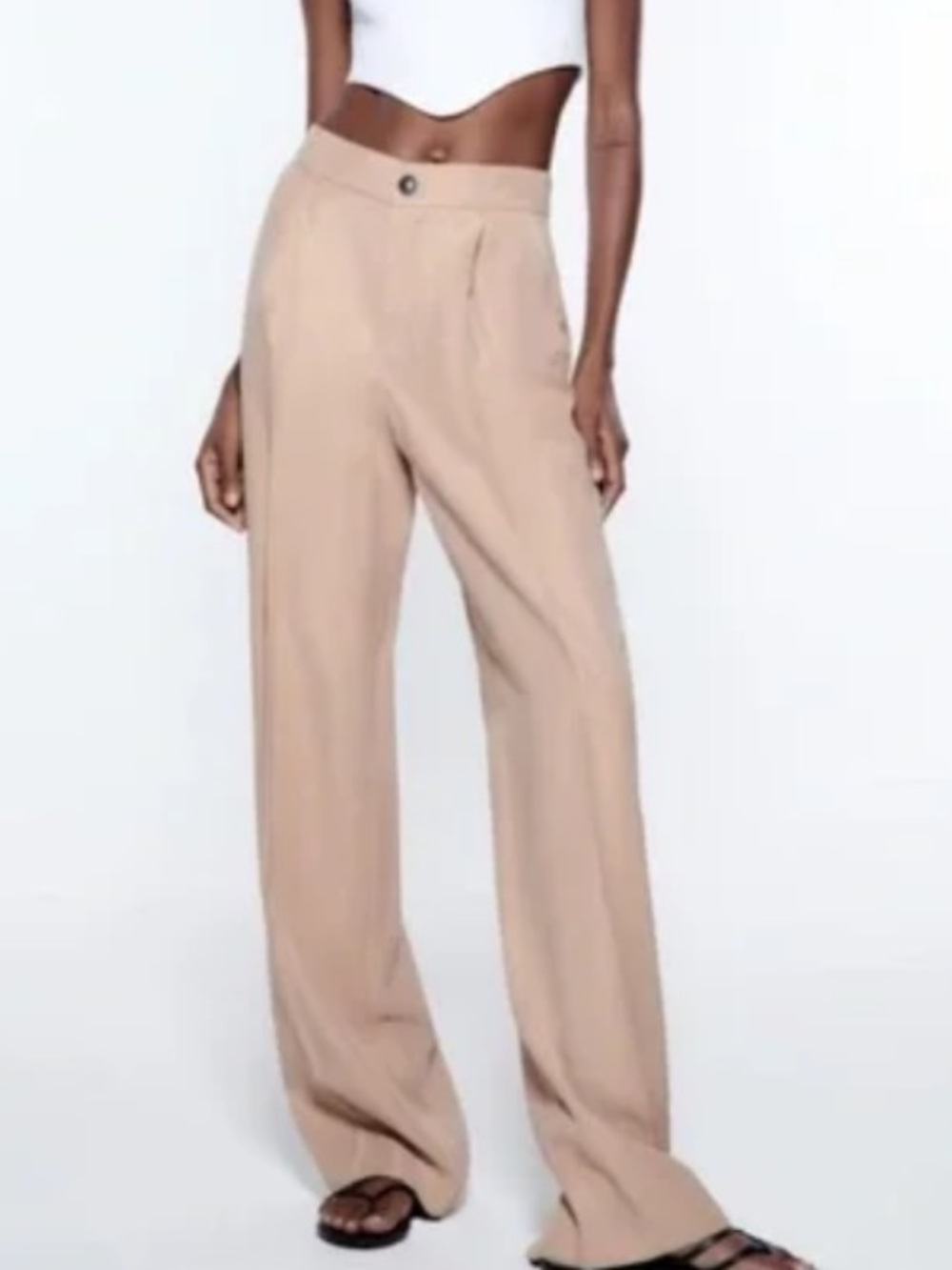 Zara Beige High-Waisted Wide-Leg Trousers
